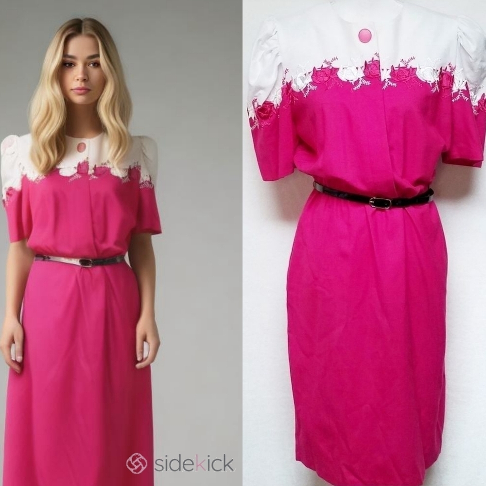 Brenner Vintage 80s Pink White Knit Floral Embroidered Puff Sleeve Midi Dress 12